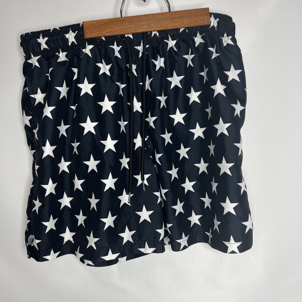 George Swim Trunks Size Large Black White Stars Swimsuit Mesh Lined Drawstring